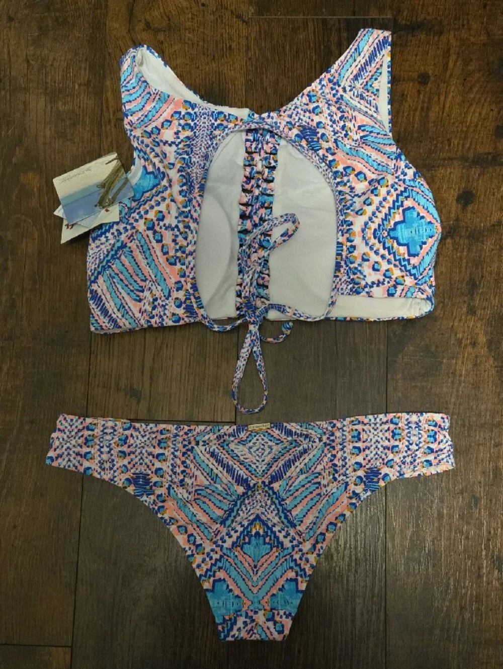 High-Neck Printed Bikini Set in Blue & Pink